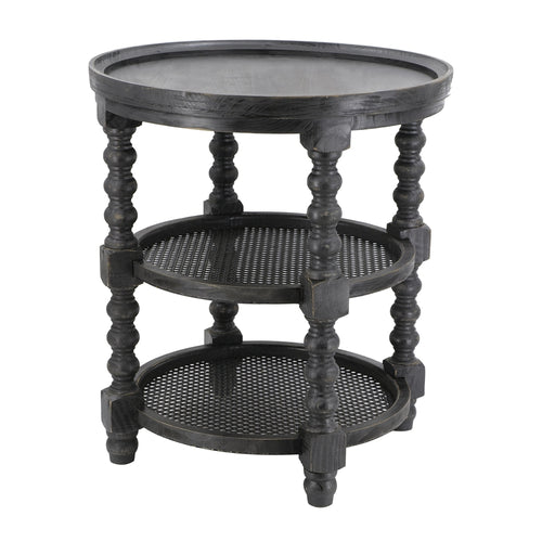 Round Three Tiered Side Table with Rattan Shelf Black 23.5" x 25