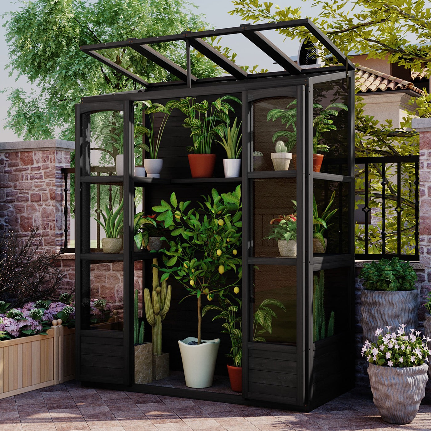 78" Wooden Walk-in Greenhouse Cold Frame 4 Skylights 2 Shelves