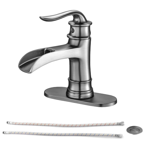 Brushed Nickel Waterfall Bathroom Faucet Single Handle Pop Up Drain