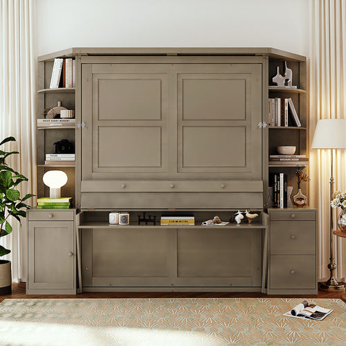 Queen Murphy Bed with Desk, Storage Shelves and Cabinets, Hidden Wall Bed for Space-Saving Home Office, Light-Distressed Gray(LP000739AAE)
