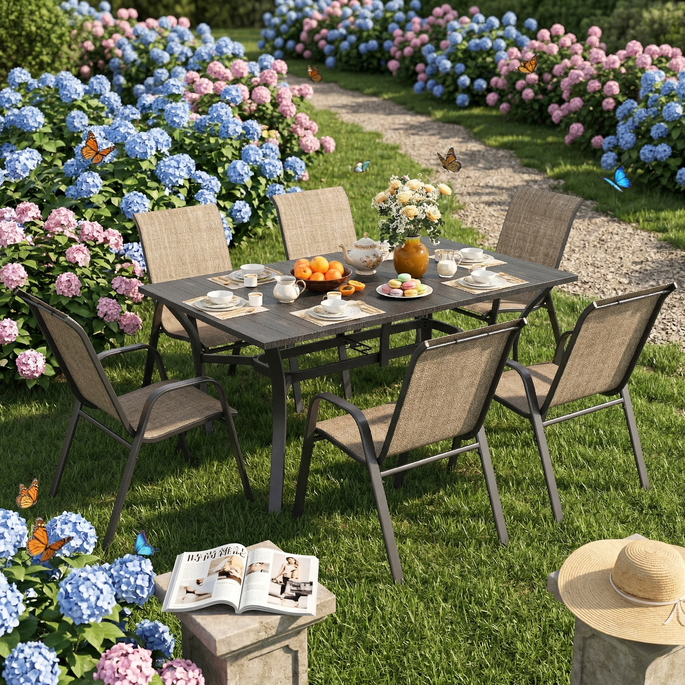 7-Piece Outdoor Patio Dining Set, 63' x 38' Rectangular Wood-Grain Metal Table