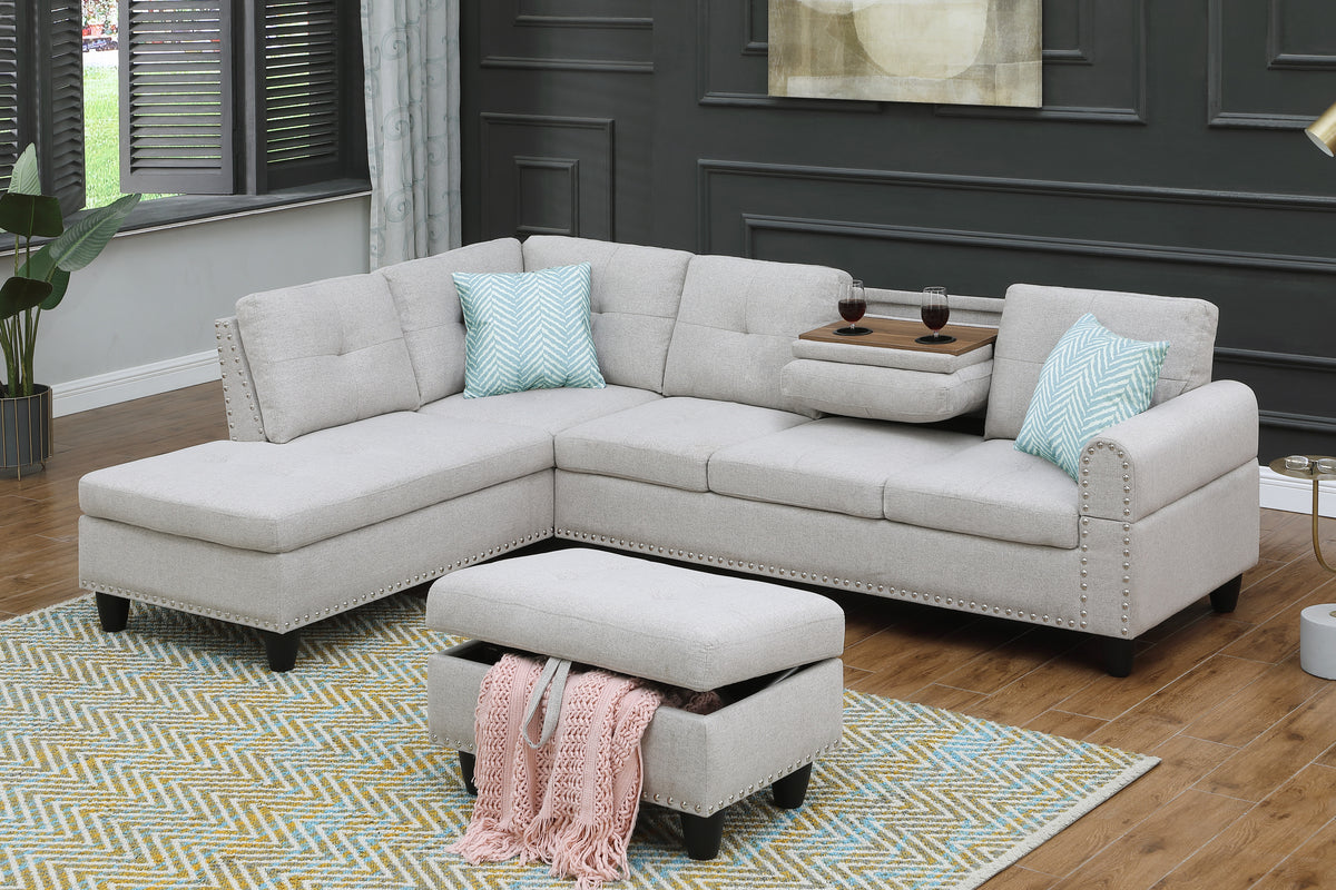 Linen Chaise Sofa with Chaise with Ottoman Light Gray 98"