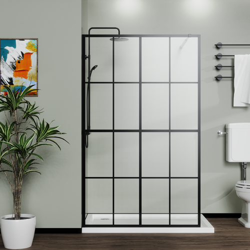 46' X 72' Shower Screen for Walk-in Wet-room Black Full-frame 4 Tempered Glass Panels