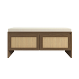 PP Rattan Storage Bench with Cushion, Faux Rattan Shoe Cabinet with 2 Doors