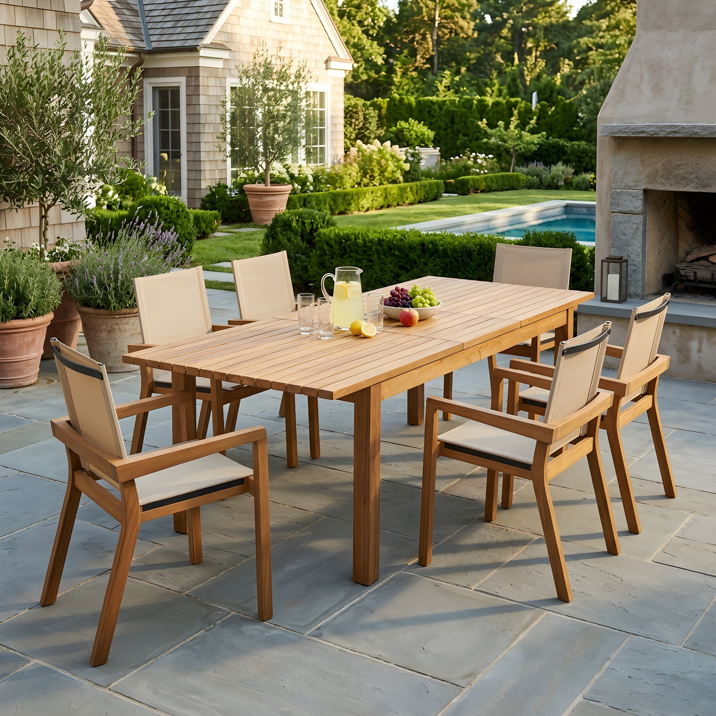 7 Pieces Acacia Wood Outdoor Dining Set s,Modern 6 Chairs 1 Large Table, Dining Furniture Set for Lawn, Backyard, Garden Deck,Poolside,Beige