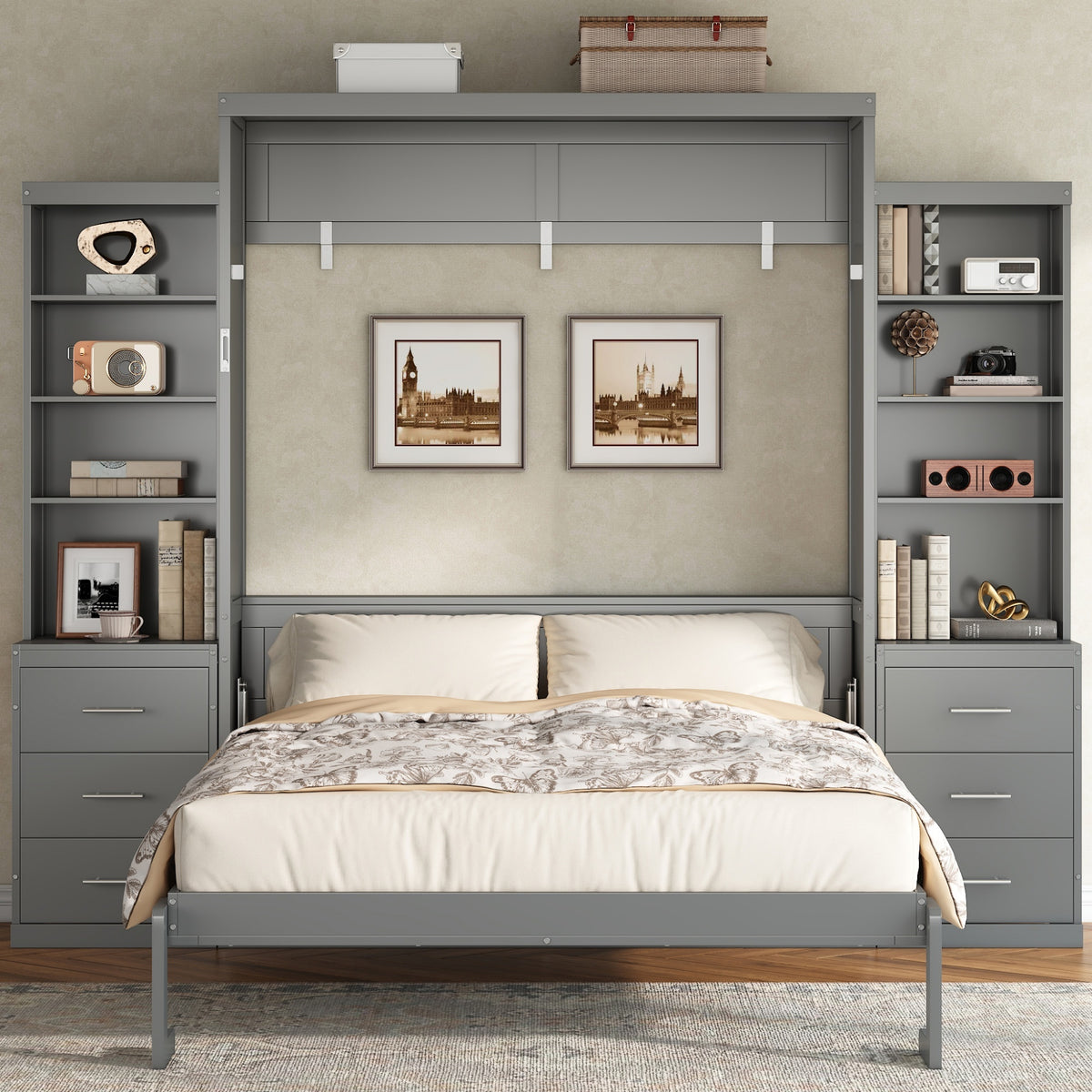Full Solid Wood Murphy Bed Gray