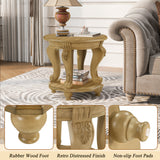 Round Rubberwood End Table with Storage Antique Natural