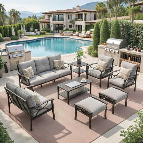 Outdoor Patio Set Steel 8 Piece Seats 9 Khaki Gray