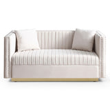 Beige Velvet Channel Tufted Loveseat 61" Gold Base 2-Seat