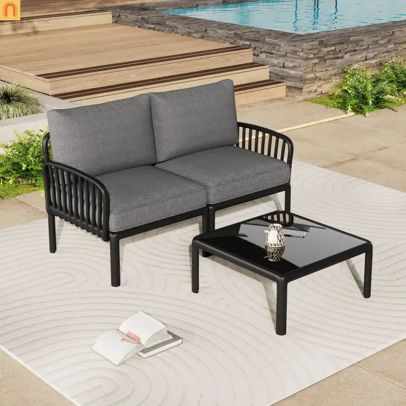 Outdoor Conversation Set Plastic Black Gray Cushion 3 Piece Seats 2