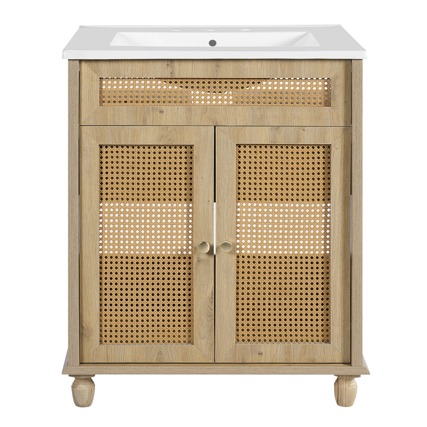 30-Inch Bathroom Vanity Rattan Doors Wood Legs Resin Basin