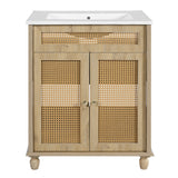 30-Inch Bathroom Vanity Rattan Doors Wood Legs Resin Basin