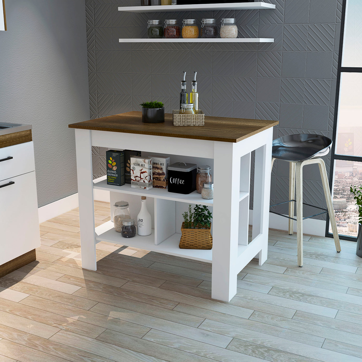 Cala Kitchen Island Three Shelf White Walnut