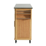 Indoor Bamboo Rolling Kitchen Island with Stainless Steel Top
