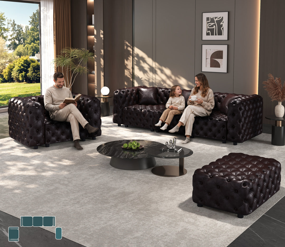 4-Seat Faux Leather Sofa with Ottoman Tufted Brown