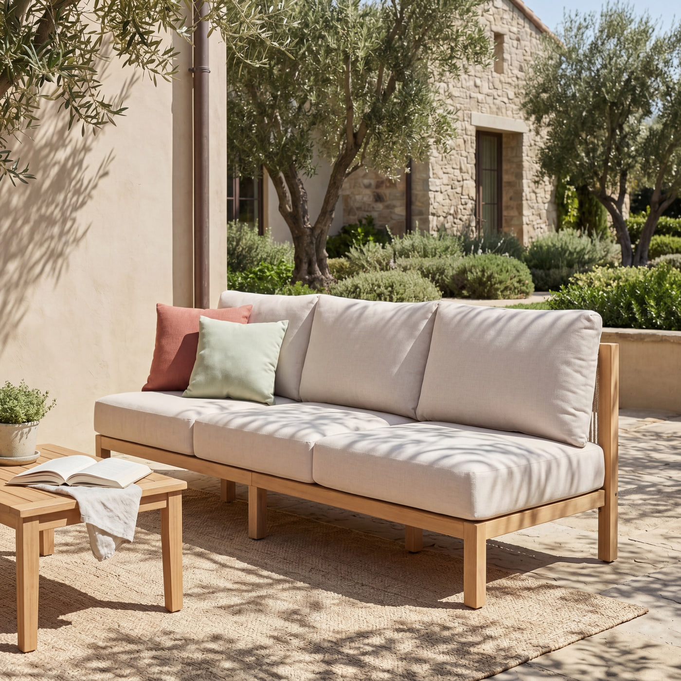 73.23' outdoor acacia wood frame, rope-braided backrest three-seater sofa (Light Teak+Beige Rope+Beige Cushion)