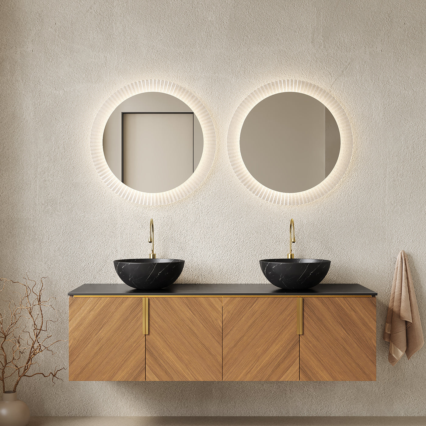 60' Bathroom Vanity with Sinks, Floating Plywood 4 Doors Black Bowl Ceramic Basins