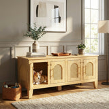 Lars Indoor Rattan Decorated Rubber Wood Dog Crate Cabinet – Stylish Pet Kennel with Storage & 4 Doors for Living Room