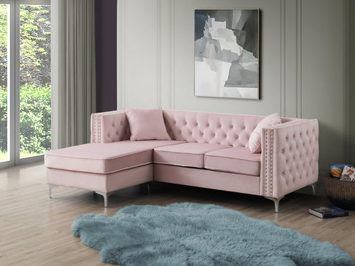 Sofa L-Shape Velvet Pink 3 Seat Tufted Chaise 87 In