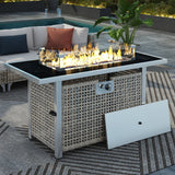 43 in Propane Gas Fire Pit Table 60,000 BTU Rectangular Open Weave Wicker, Grey