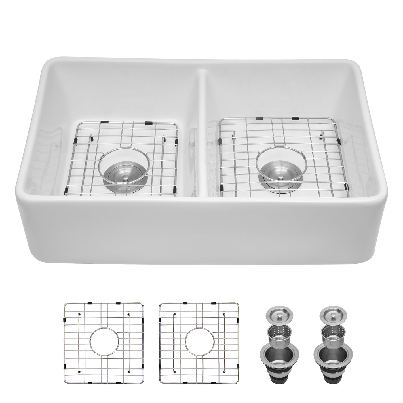 White Ceramic Double Bowl Farmhouse Apron Front Sink 32