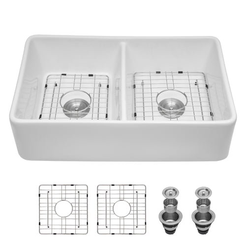 White Ceramic Double Bowl Farmhouse Apron Front Sink 32