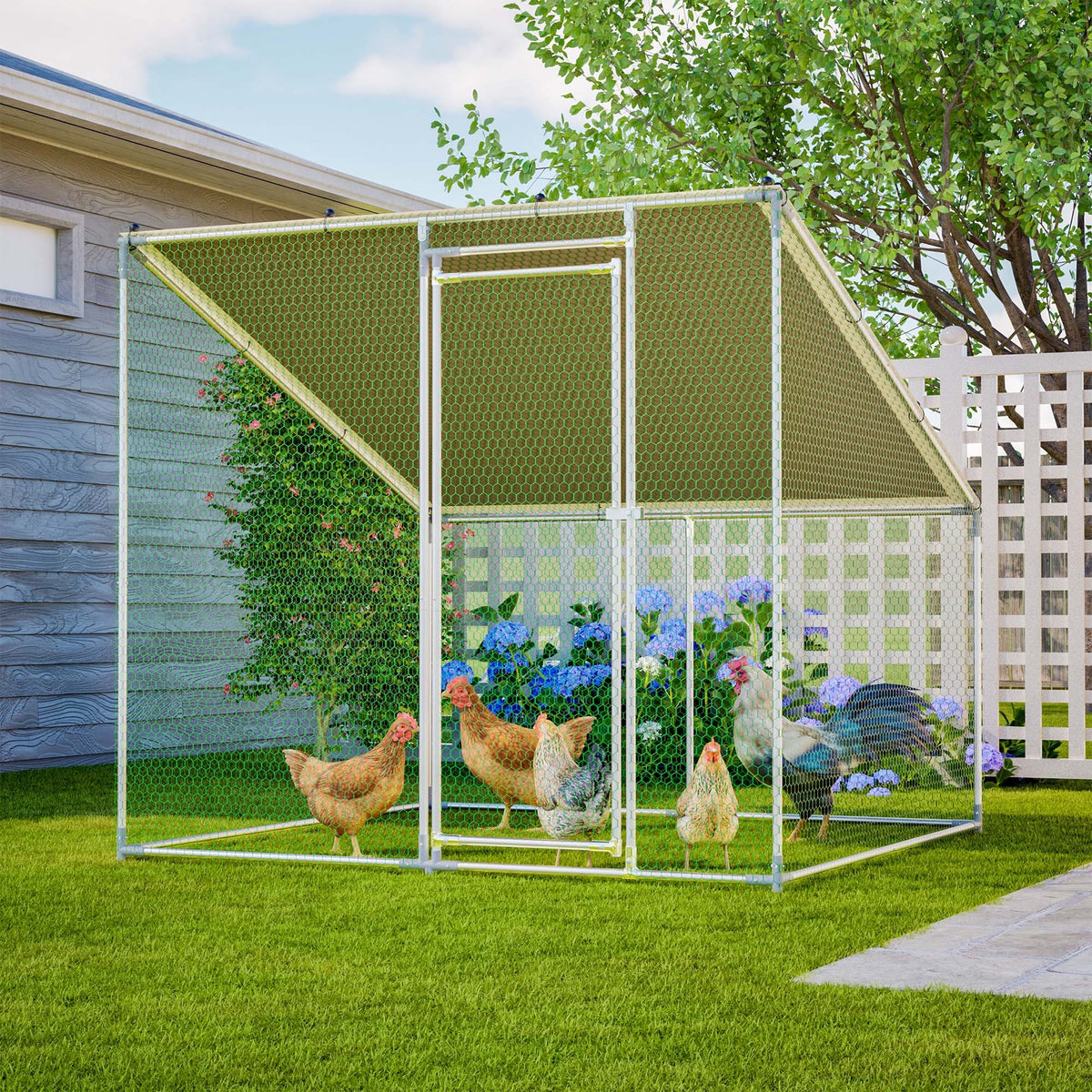 84"x78.7"x72.7" Walk-In Metal Chicken Coop, Slanted Roof