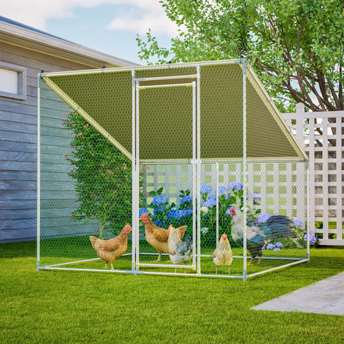 84"x78.7"x72.7" Walk-In Metal Chicken Coop, Slanted Roof