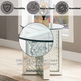 Round End Table - Mirrored - Faux Crystal Inlay - Tempered Glass Top