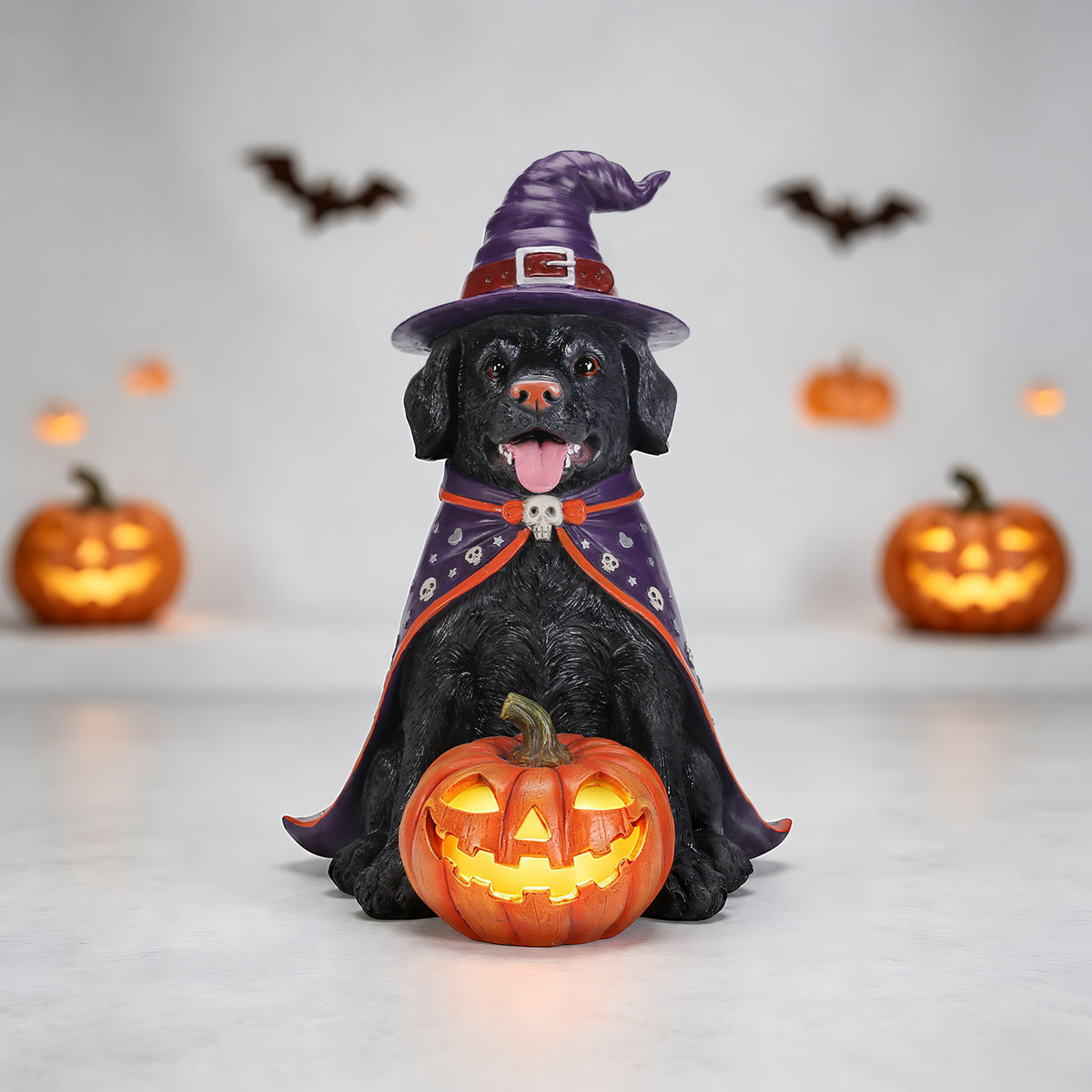 Halloween Black Labrador Retriever Dog Statue, Large Sitting Dog Figurine with W