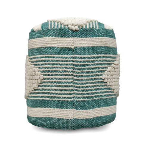 Diamond Pattern Wool Cotton Pouf 16x16 White Teal