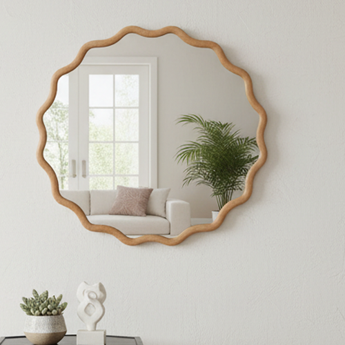 24" Wavy Round Natural Wood Frame Decorative Mirror