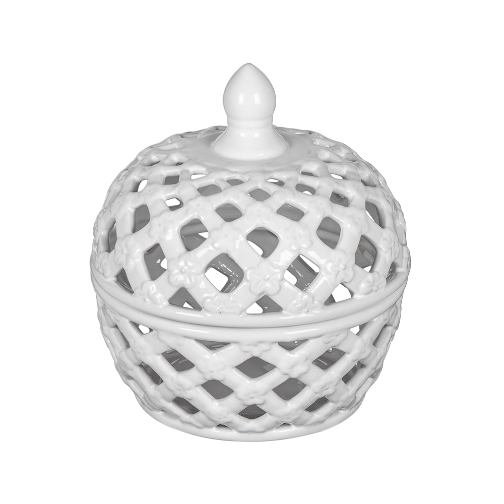 White Ceramic Lidded Jar with Lattice Design 8x9.5