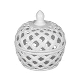 White Ceramic Lidded Jar with Lattice Design 8x9.5