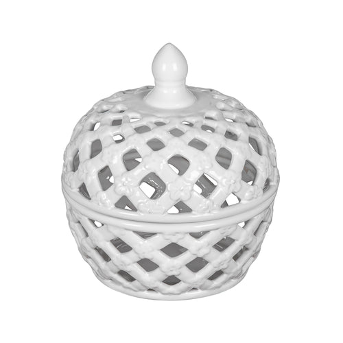 White Ceramic Lidded Jar with Lattice Design 8x9.5