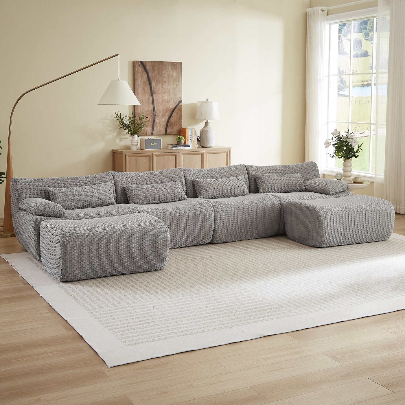 Sectional Sofa U-Shape Convertible Corduroy Gray 6 Seat Ottoman