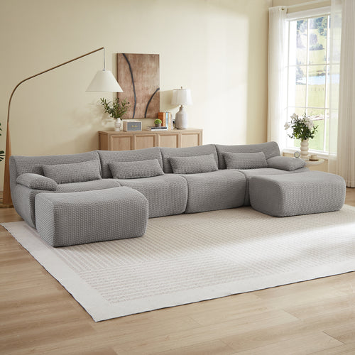 Sectional Sofa U-Shape Convertible Corduroy Gray 6 Seat Ottoman