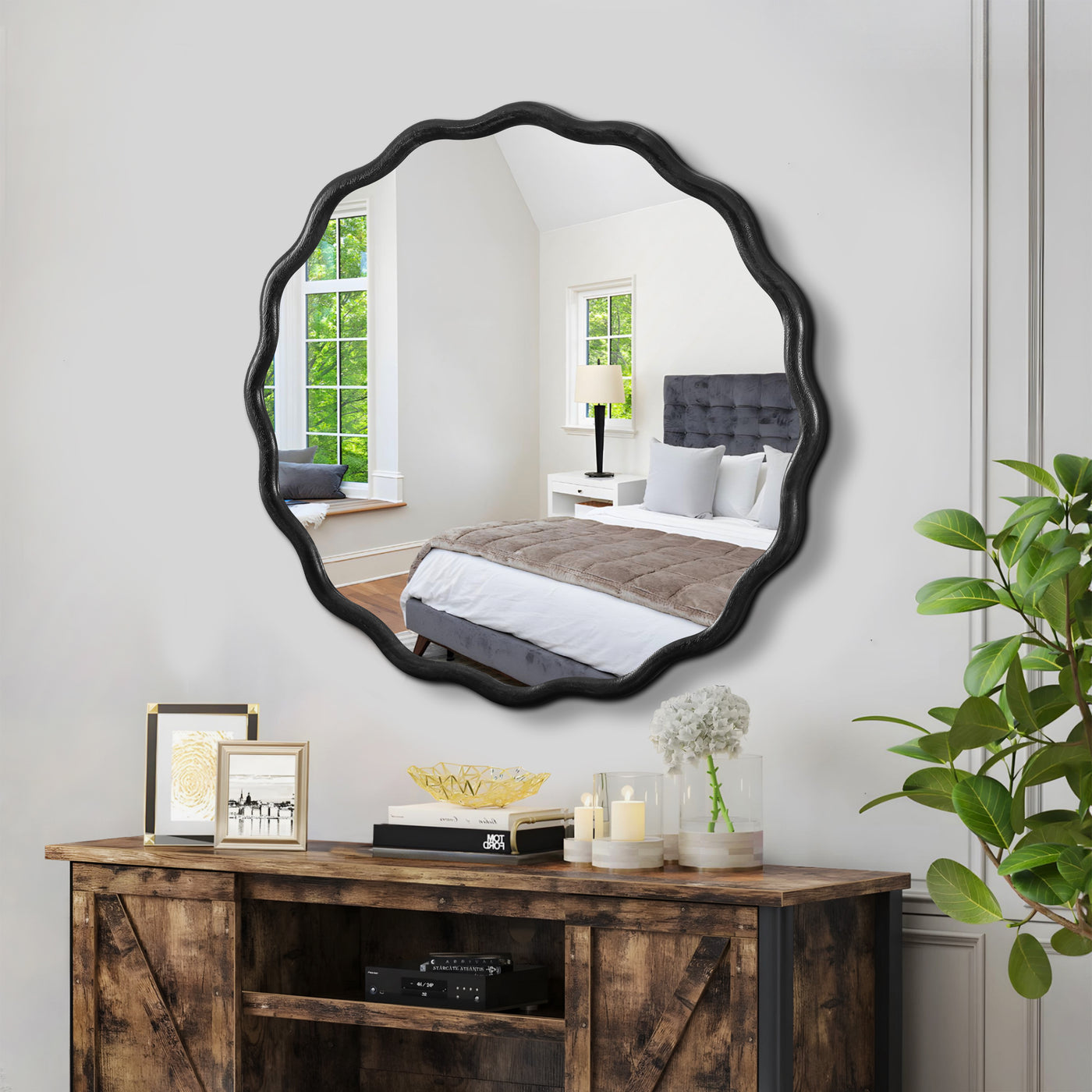 Solid Wood Wavy Black Mirror 36" x 36" Wall Decor