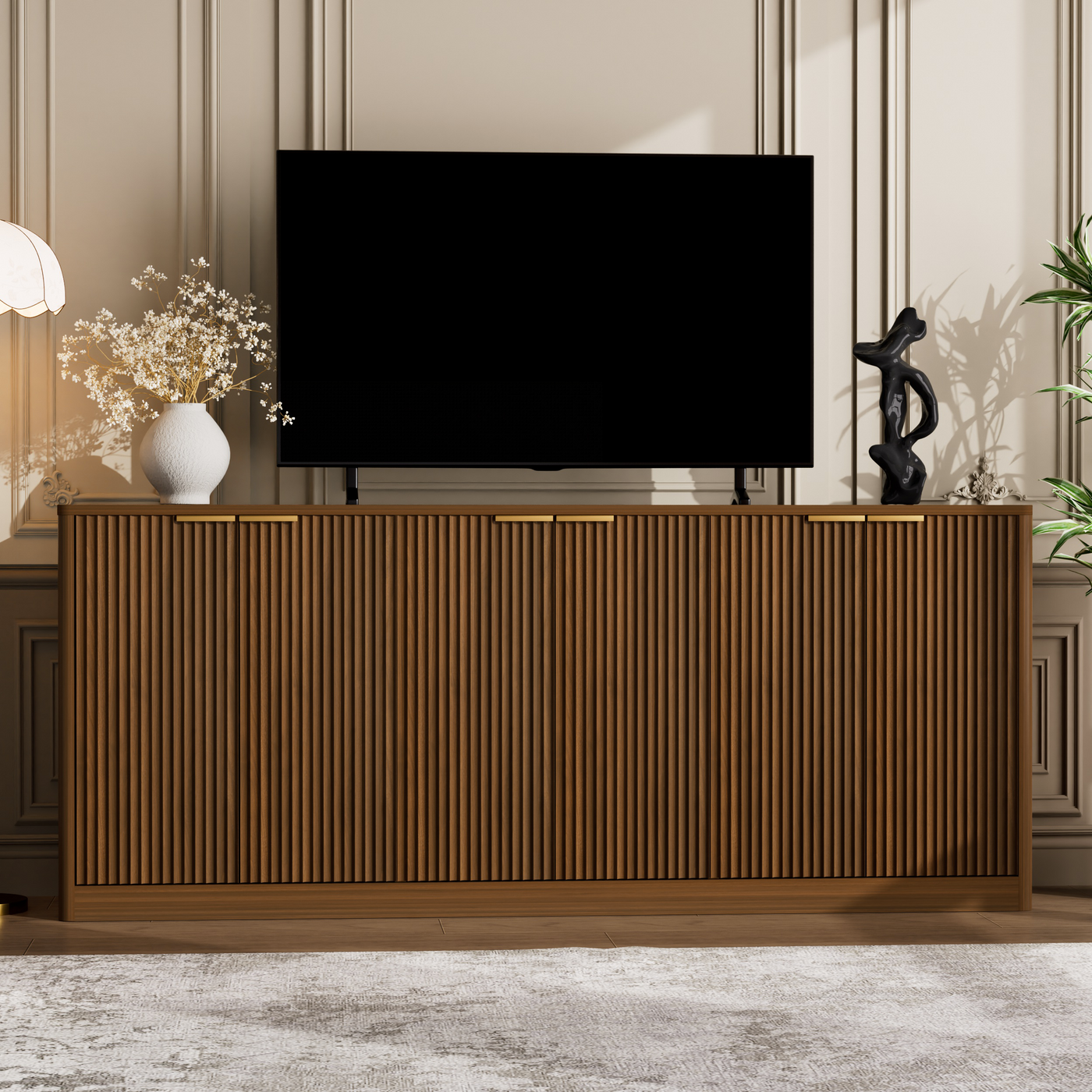 Modern Walnut Wavy Sideboard Cabinet 67"L 6-Door Storage