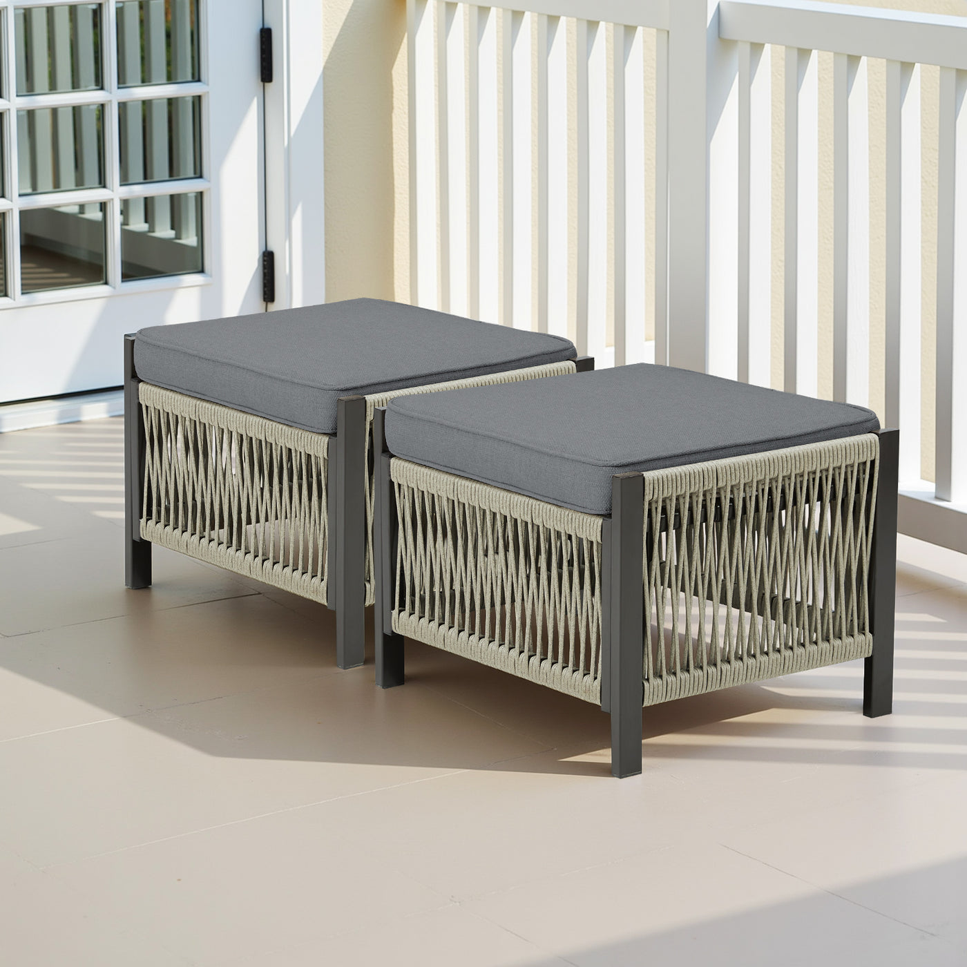 Outdoor PE Wicker Ottomans Set of 2 with Gray Cushions