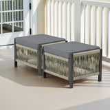 Outdoor PE Wicker Ottomans Set of 2 with Gray Cushions