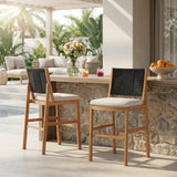 Outdoor Acacia Wood Bar Stools (Set of 2), Teak Finish Bar Height Chairs with Cream Cushion & Black Wicker Back, Counter Height Stools for Patio, Poolside, Kitchen Island
