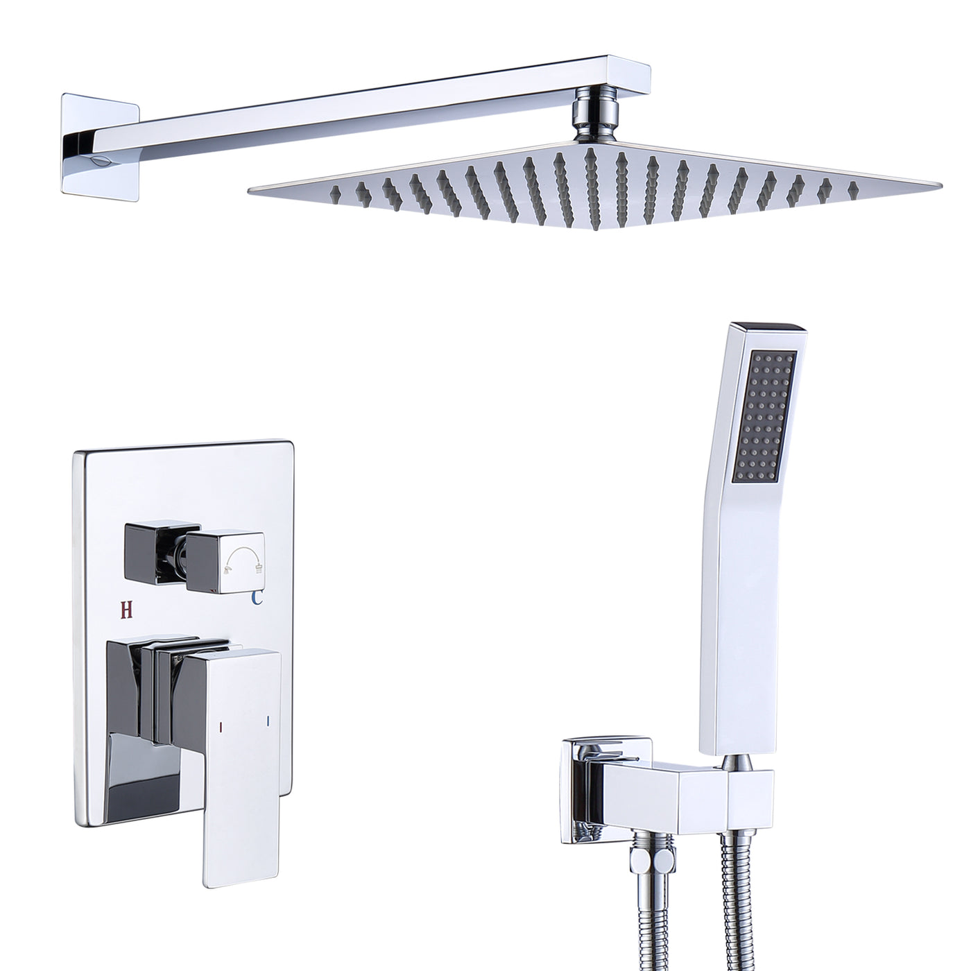 Wall Mount Shower System 12" Rainfall Head Handheld Chrome Brass