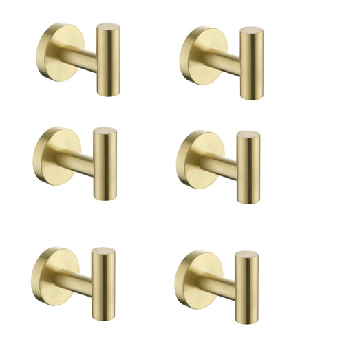 6 Pack Brushed Gold Bathroom Wall Hooks