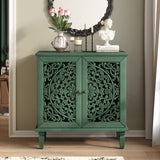Vintage Hollow-Carved 2-Door Cabinet, Antique Green Floral Design
