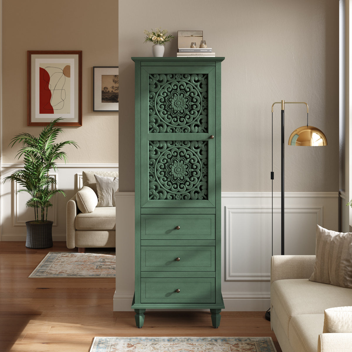 63' Tall Farmhouse Vintage Decorative Cabinet with Carved Door & 3 Drawers, Free