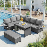 Outdoor Sectional Set PE Wicker Steel Gray 5 Piece L-Shape Seats 7