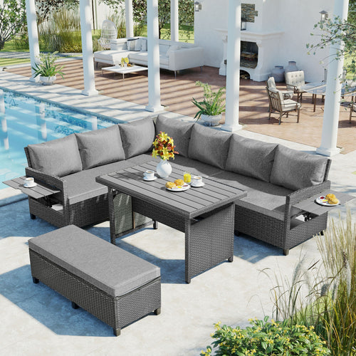 Outdoor Sectional Set PE Wicker Steel Gray 5 Piece L-Shape Seats 7