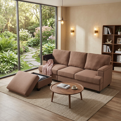 86" L-Shaped Sectional Sofa with Ottoman & Storage, Linen