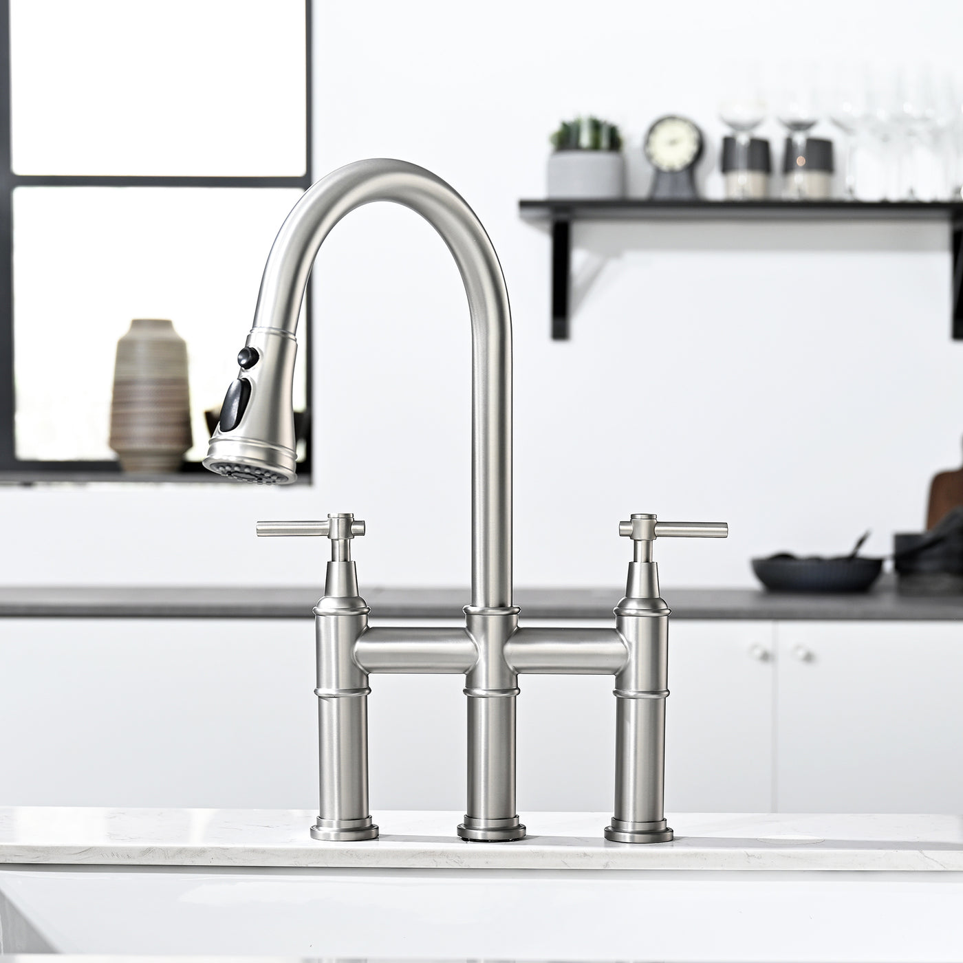 3 Hole Brushed Nickel Bridge Kitchen Faucet with Pull Down Sprayer